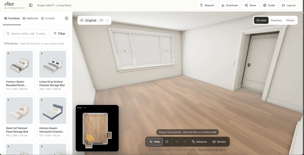 Chez 3D studio displaying an empty room with light wood flooring, a furniture catalogue on the left, and a floor plan preview.