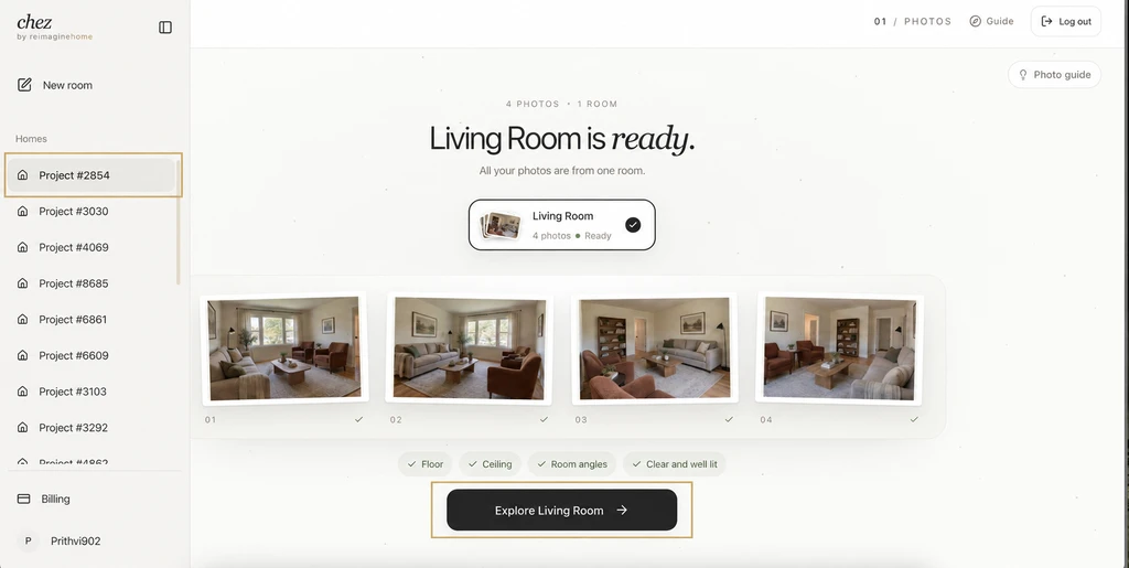 Chez room photo review screen with Project #2854 and the “Explore Living Room” button highlighted
