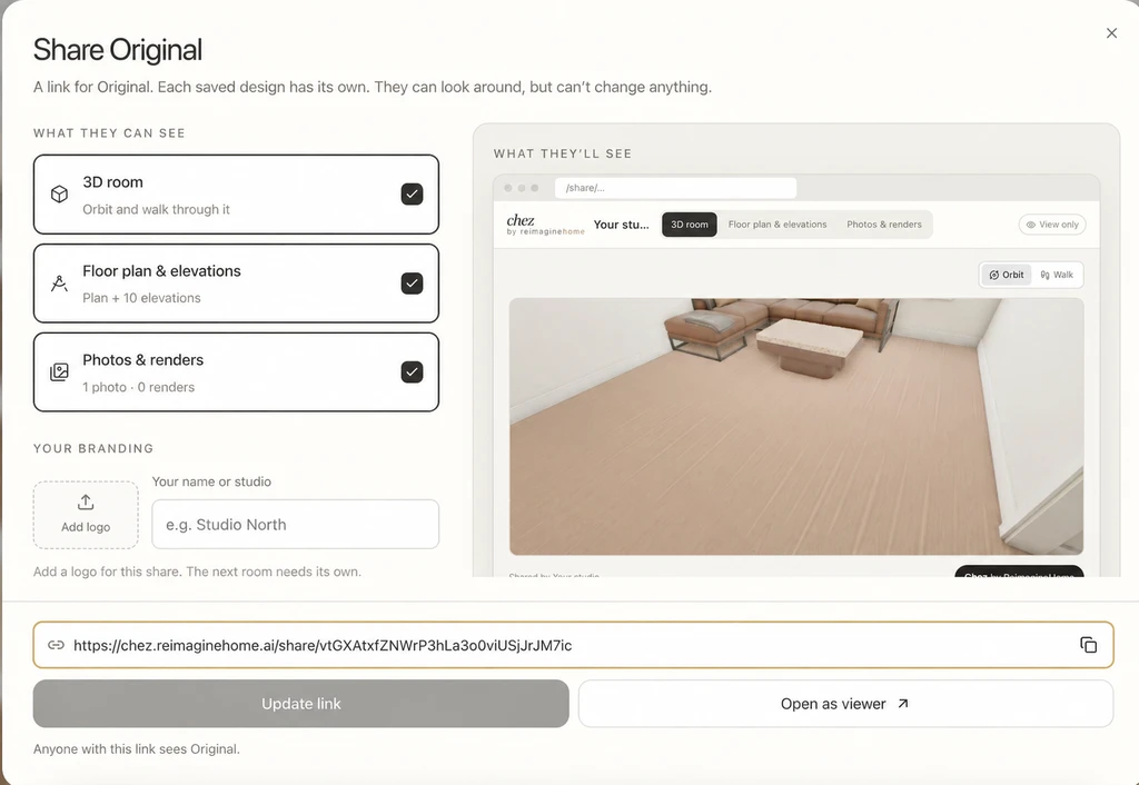 Chez sharing window with the room’s share link highlighted, alongside options to include the 3D room, floor plan, elevations, and photos.
