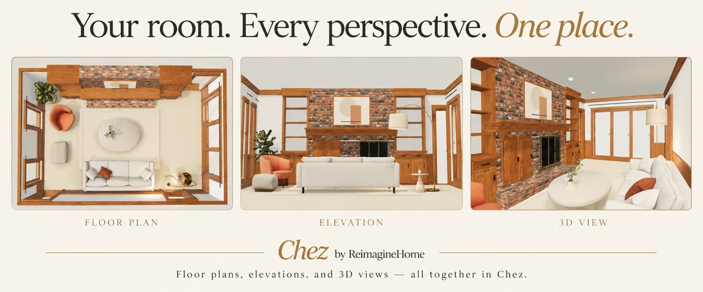 Three-panel Chez graphic showing the same living room as an overhead floor plan, a front elevation, and an interior 3D view.