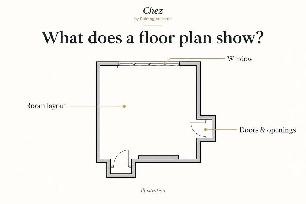 Illustrated floor plan with callouts identifying the room layout, window, doors, and openings.