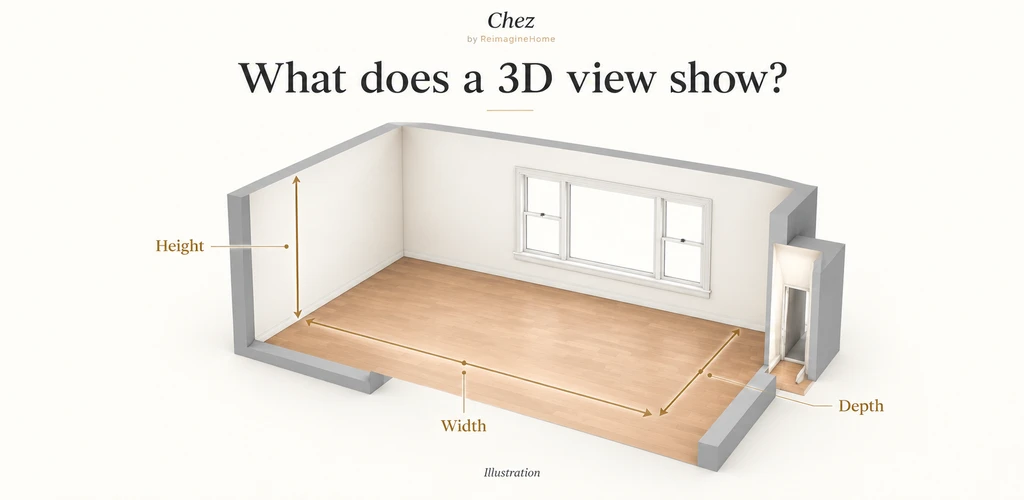 Illustrated 3D room cutaway with wood flooring and arrows identifying height, width, and depth.