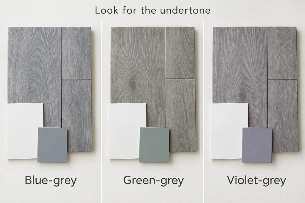 Blue-grey, green-grey and violet-grey flooring samples beside white reference cards and colour swatches.
