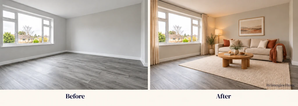 Before-and-after comparison of an empty grey-floored room and its ReimagineHome redesign with beige seating and warm accents.