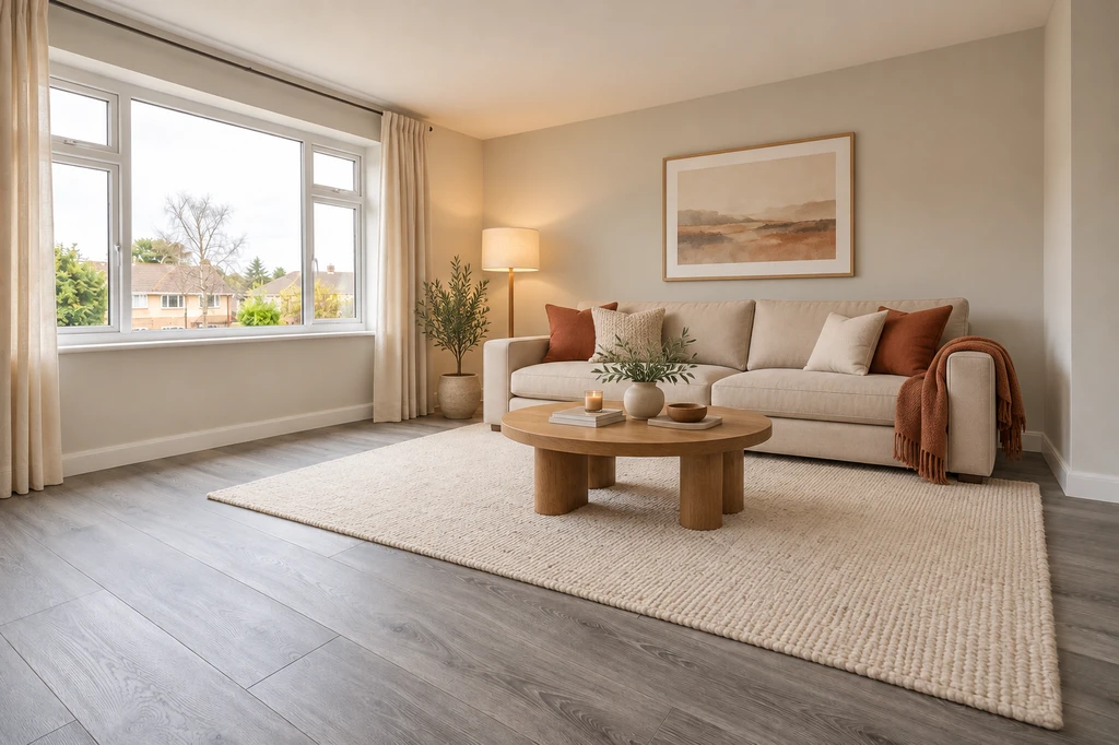 Living room with grey wood-look flooring, a beige sofa, ivory rug, oak coffee table, rust cushions and cream curtains.