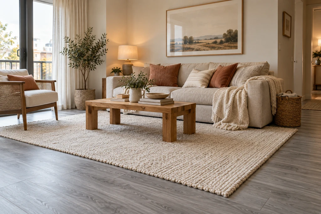Living room with grey flooring, an ivory rug, beige sofa, oak coffee table and terracotta cushions.