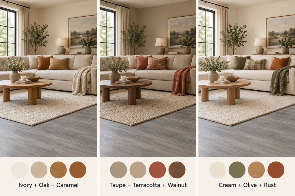 Three living room palettes paired with grey floors: ivory and caramel, taupe and terracotta, and cream and olive.