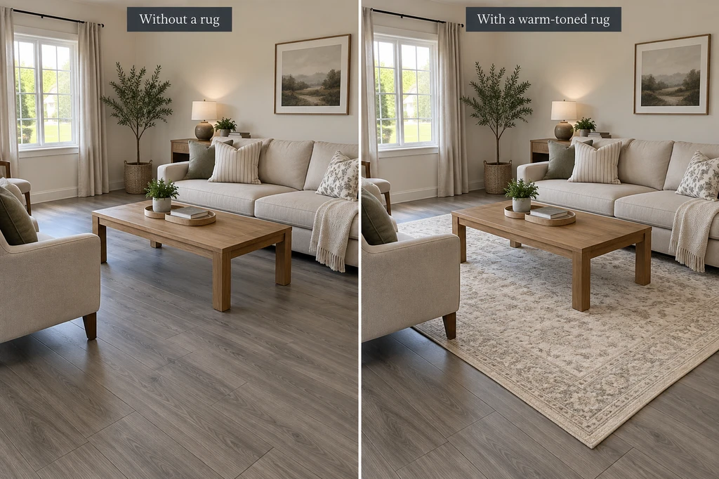 Side-by-side living room comparison showing exposed grey flooring before and after adding a large ivory patterned rug.