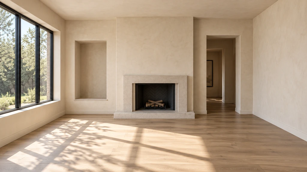 Empty living room exposing a recessed alcove, limestone fireplace, doorway, and black-framed window.