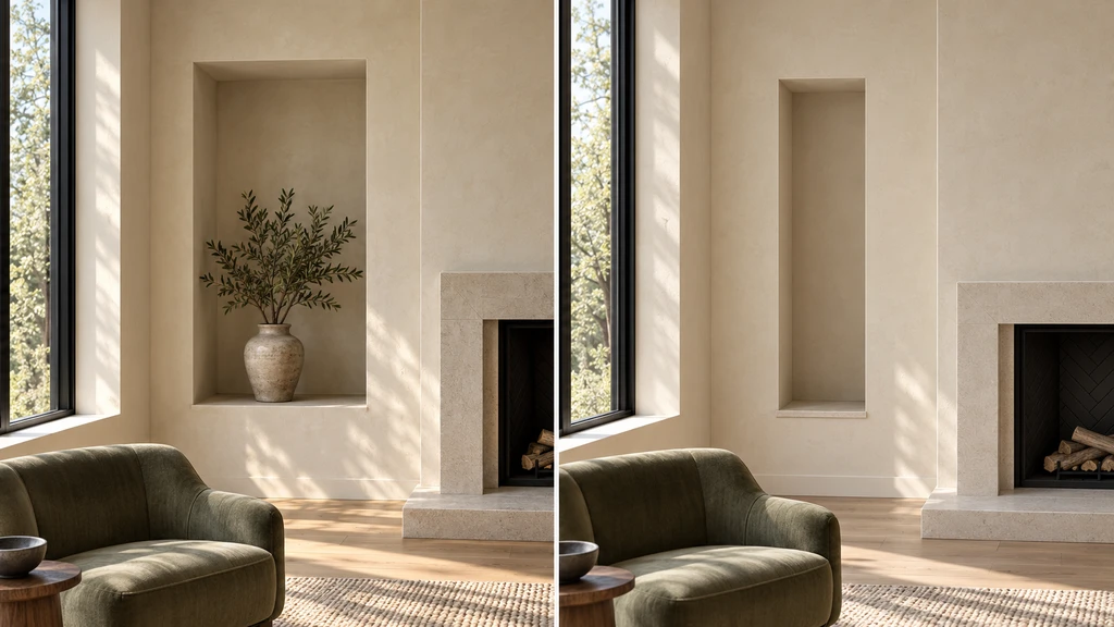 Close-up comparison of a wide fireplace alcove and a narrower modeled recess.