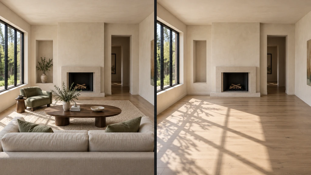 Side-by-side furnished and empty room views showing a narrower alcove in the modeled version.