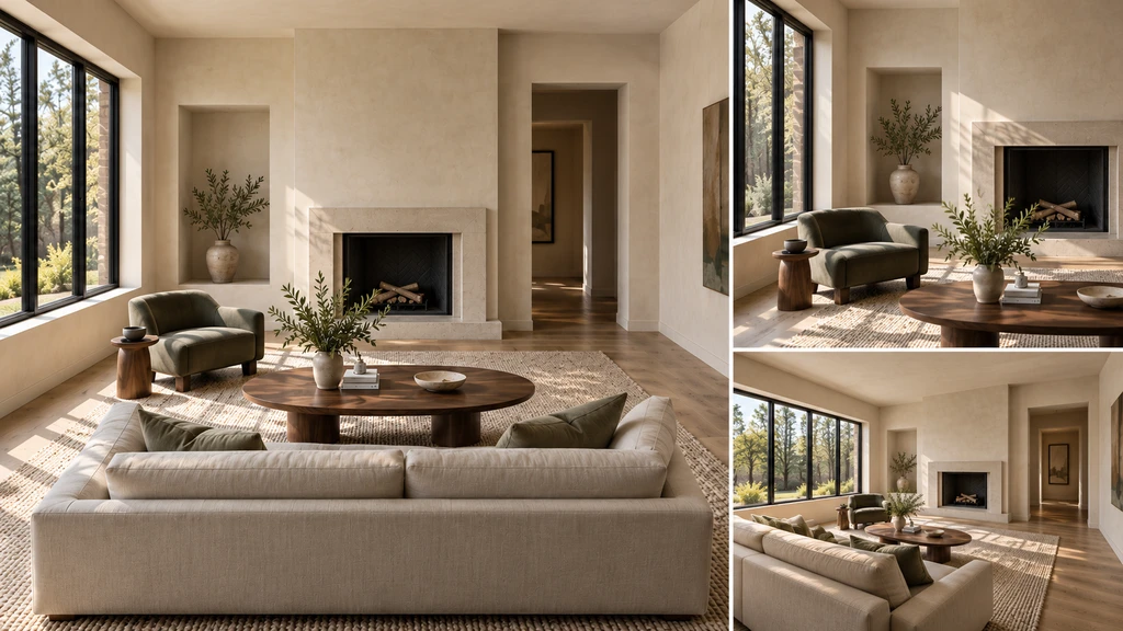 Three views of a cream and sage living room showing its window, fireplace, and recessed alcove.