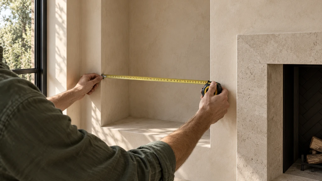 Person stretching a tape measure across an alcove beside a limestone fireplace.