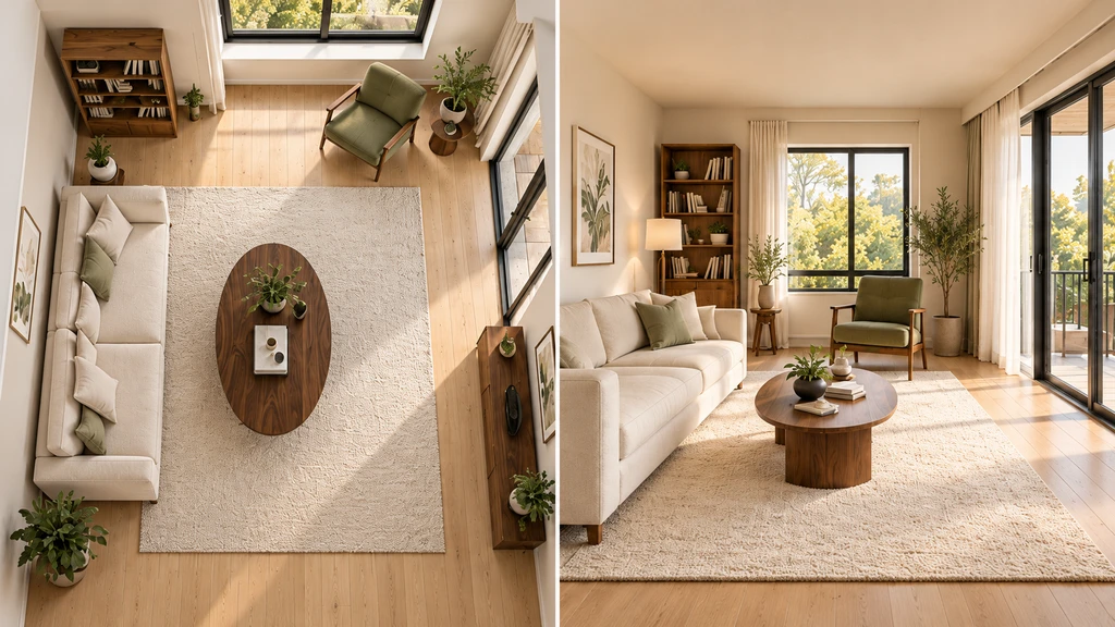 Monitor displaying overhead and entrance views of a living room, with the furnished space visible beyond.