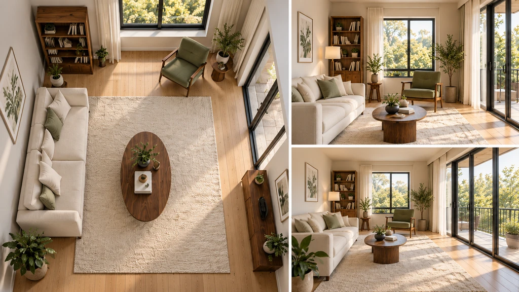 Overhead and two eye-level living room views showing a cream sofa, sage chair, bookcase, and balcony doors.