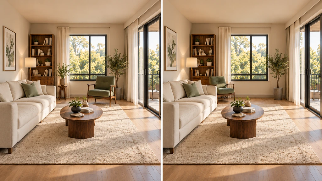 Two living room layouts comparing a sage reading chair near the window and beside an oak bookcase.