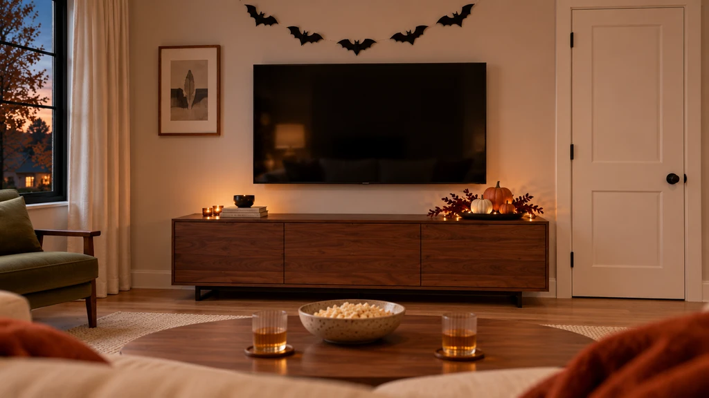 Modern living room decorated with a single Halloween focal point on a console table, using pumpkins, dark foliage, and battery lights—previewed in 3D, showing space-saving Halloween decor ideas for small living rooms.