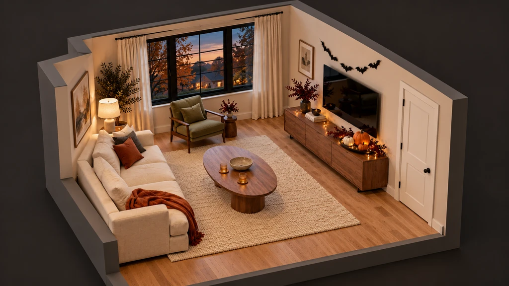 3D preview of a Halloween living room layout in Chez, showing arranged furniture, focal point decor, and space-saving Halloween accents.
