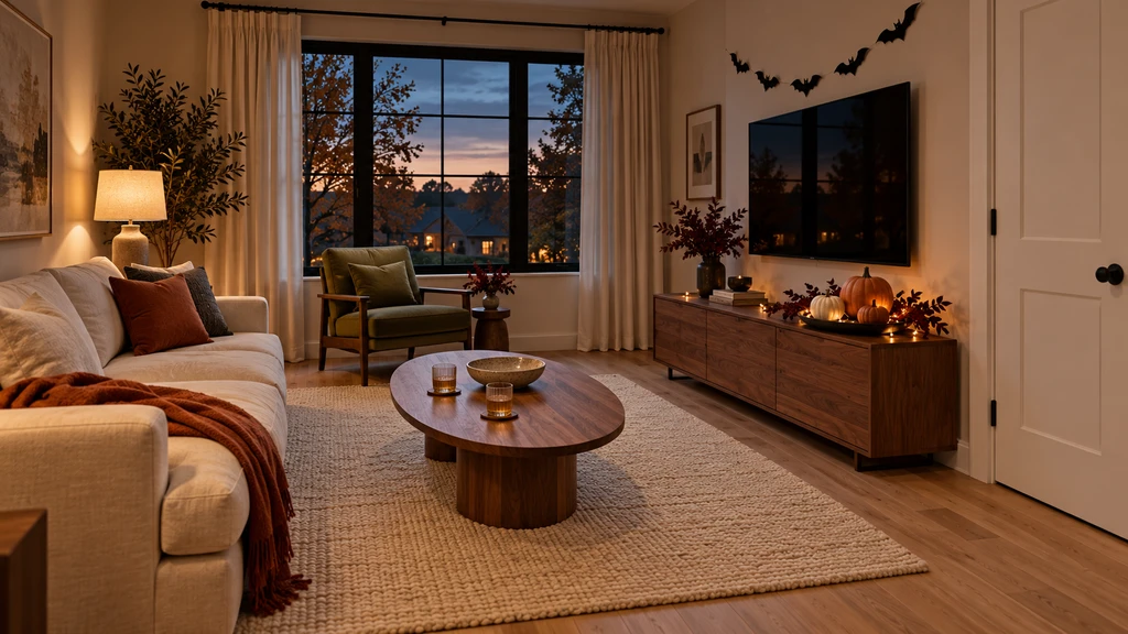 Halloween living room with a cream sofa, rust cushions, pumpkin sideboard display, bat garland, and warm accent lighting.