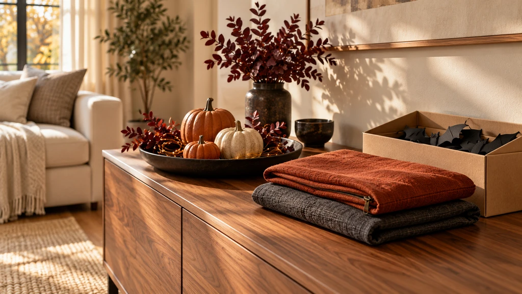 Orange and cream pumpkins grouped on a walnut sideboard with burgundy foliage and glowing string lights.