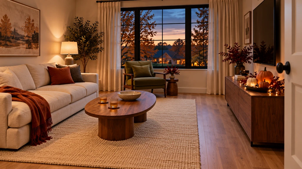 Halloween movie-night setup with a sofa, armchair, popcorn table, and open floor space beside the entrance.
