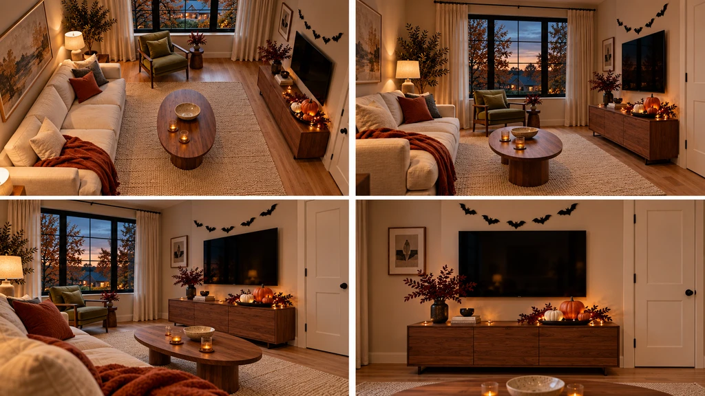 3D Halloween living room ideas shown from multiple viewpoints, highlighting furniture arrangement, decor balance, and walkways using Chez app for layout preview.
