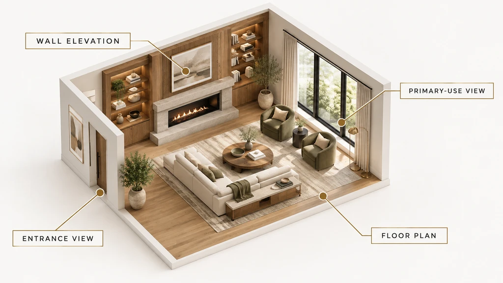 Isometric 3D living-room model identifying the floor plan, entrance view, primary-use view, and wall elevation for a client presentation