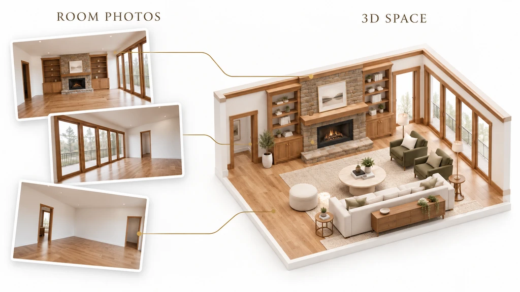 Three photographs of an empty living room connected to a furnished isometric 3D model of the same space.