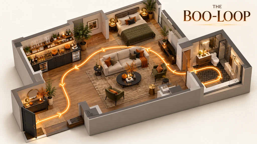 Small apartment prepared for a Halloween party with refreshments along the wall and a clear route to the bathroom
