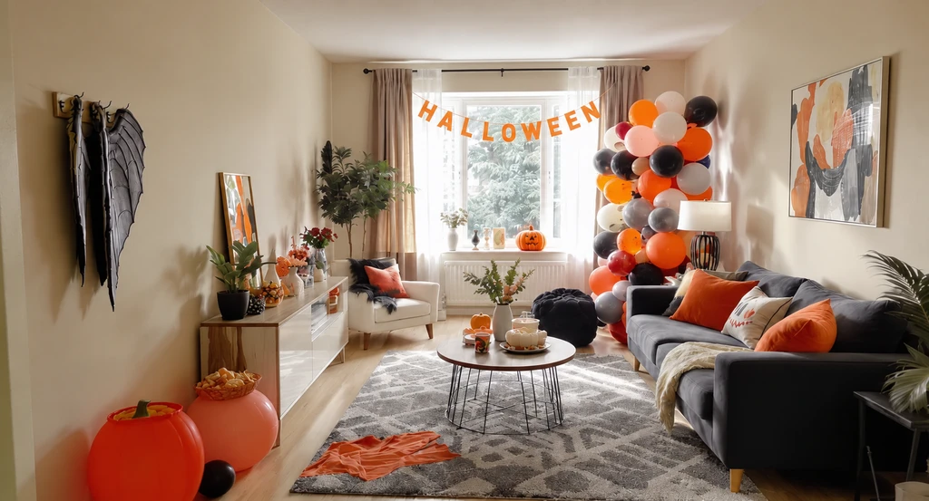 Photorealistic 3D layout of a small apartment Halloween party with AI-planned decor and clear pathways to maximize guest flow in compact space.