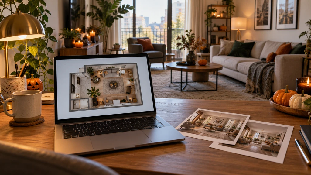Laptop displaying a 3D floor plan of the same small living room visible behind it