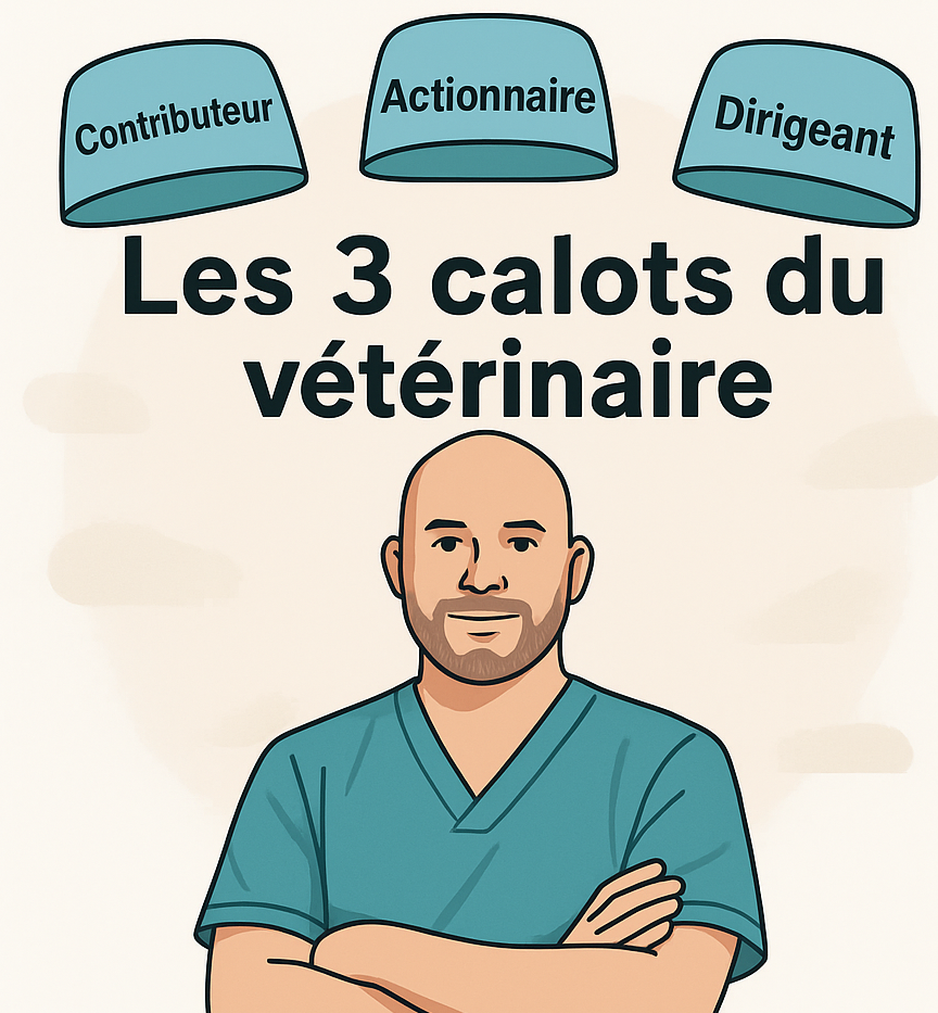 L'image illustre un vétérinaire portant trois calots symbolisant les rôles de contributeur, actionnaire et dirigeant, où l'intelligence artificielle et l'automatisation peuvent transformer la pratique vétérinaire.