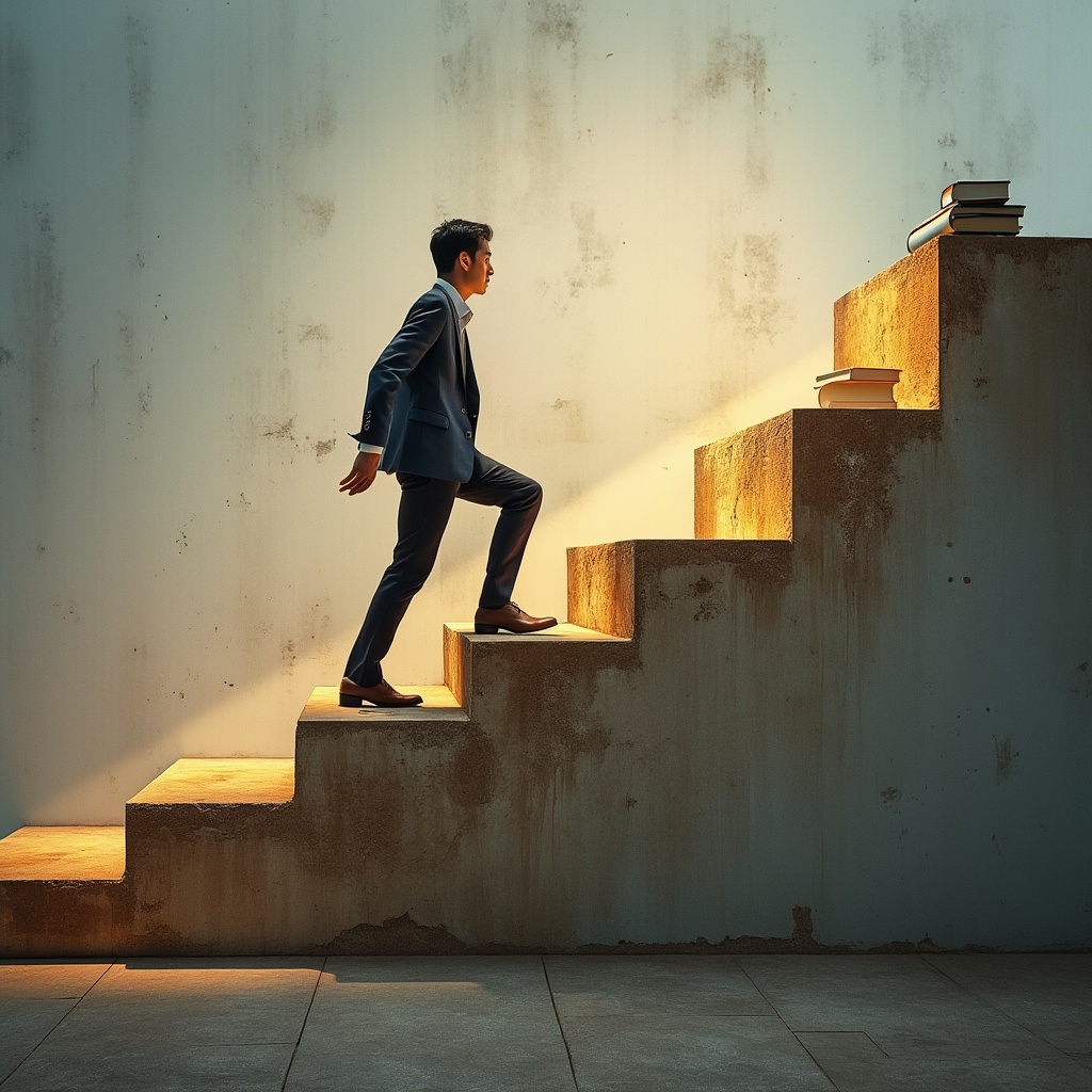 Cette image représente un homme en costume montant des escaliers, symbolisant l'ascension professionnelle, un processus où l'intelligence artificielle et l'automatisation peuvent aider les vétérinaires à améliorer leurs pratiques.