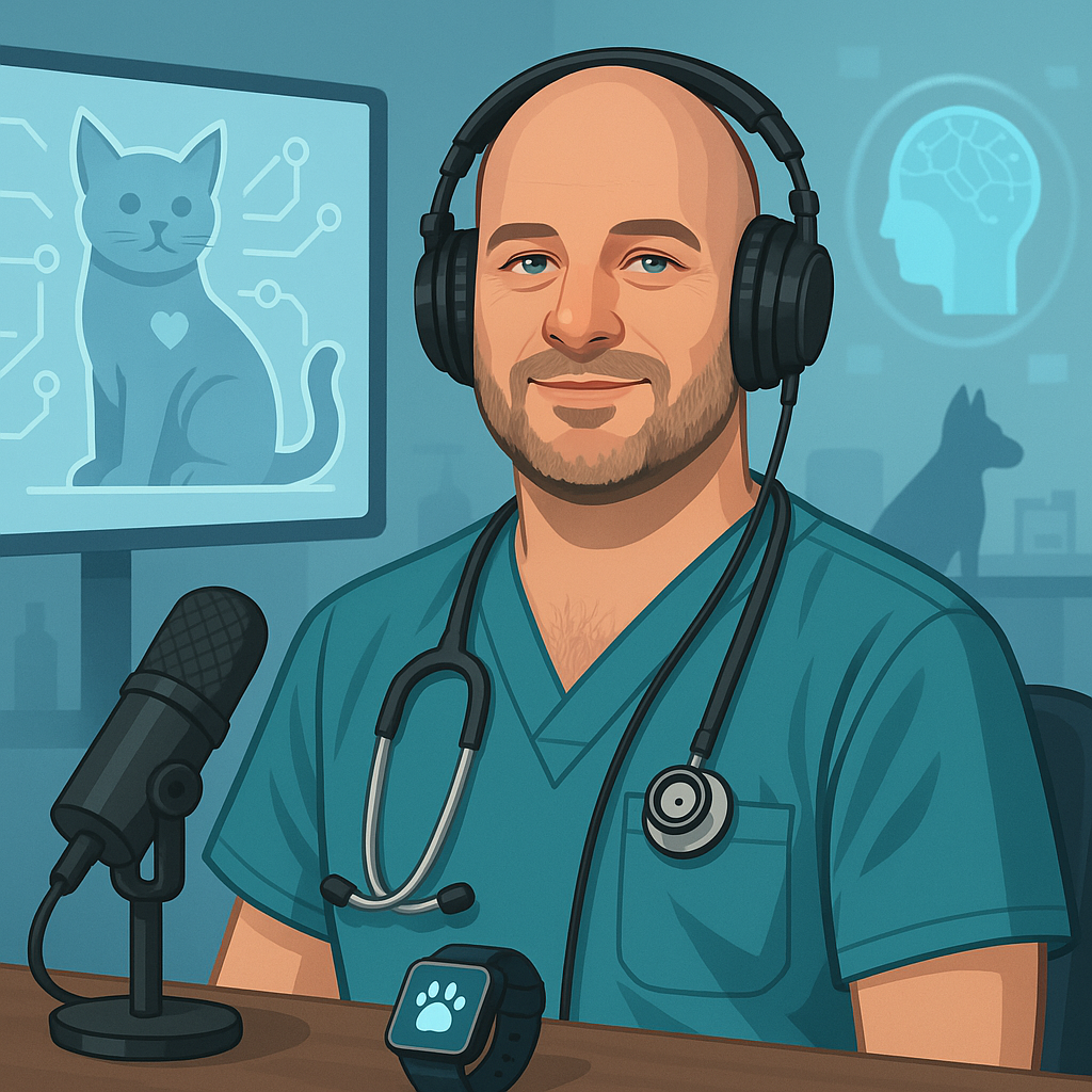 L'image montre un vétérinaire utilisant des outils d'intelligence artificielle et d'automatisation pour améliorer les soins aux animaux, avec un décor moderne illustrant la technologie animale.