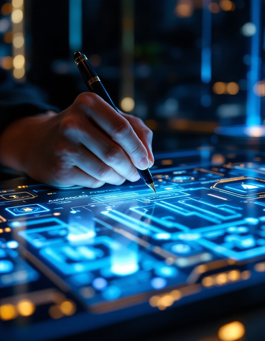 Une main utilise un stylo sur un écran numérique lumineux, illustrant comment l'intelligence artificielle et l'automatisation peuvent transformer le travail vétérinaire en facilitant des diagnostics et traitements.