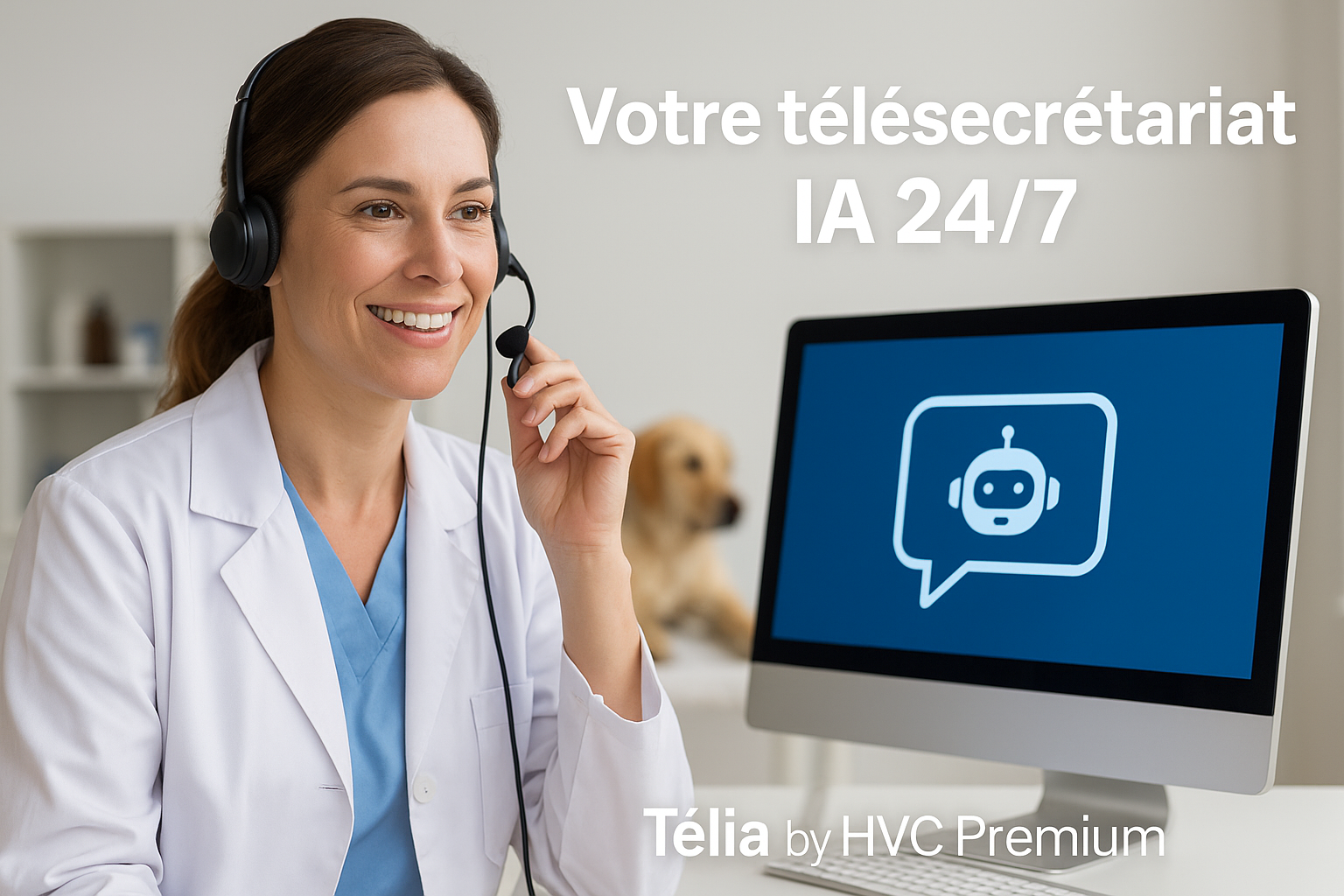 Cette image montre une vétérinaire utilisant un service de télésecrétariat avec une intelligence artificielle pour automatiser la gestion des rendez-vous, illustrant l'innovation dans le secteur vétérinaire.