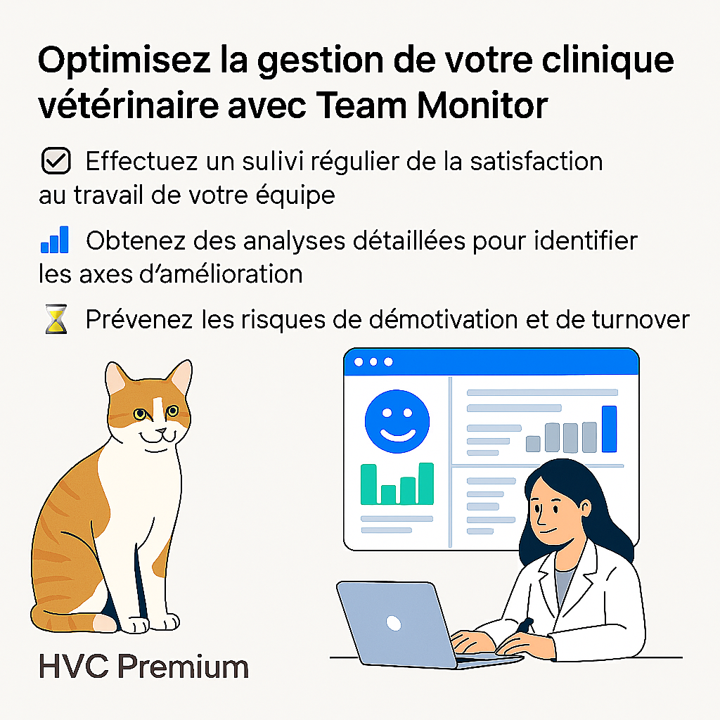 L'image présente une solution d'intelligence artificielle pour automatiser la gestion des cliniques vétérinaires, permettant un suivi régulier de la satisfaction de l'équipe et des analyses pour améliorer les performances.