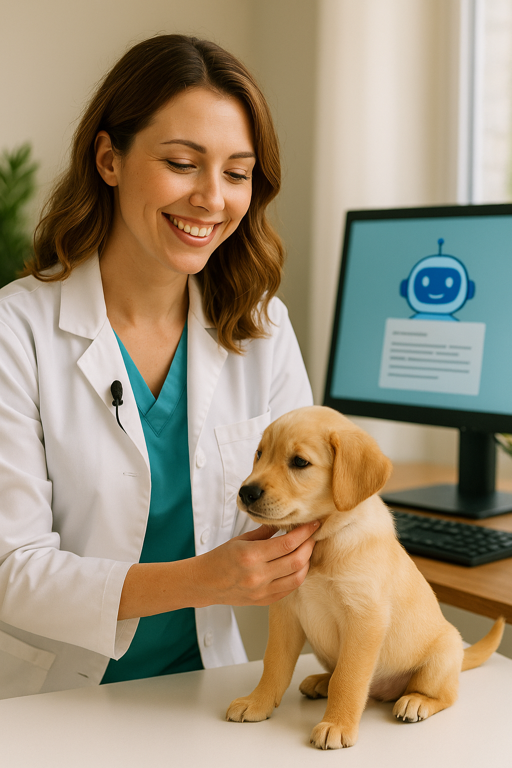Dans un cabinet vétérinaire, une vétérinaire utilise l'intelligence artificielle et l'automatisation pour prendre soin d'un chiot, montrant comment la technologie améliore les soins animaliers.