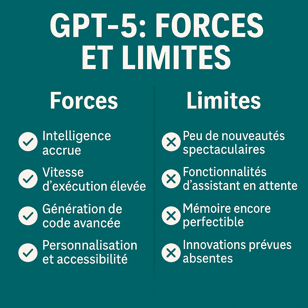 L'image compare les forces et limites de GPT-5, soulignant son intelligence artificielle avancée, sa vitesse d'exécution et ses potentielles applications en automatisation, notamment dans le domaine vétérinaire.