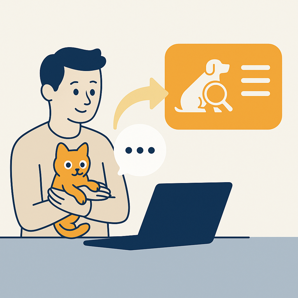 L'image illustre un vétérinaire utilisant l'intelligence artificielle et l'automatisation pour rechercher des informations sur les soins aux animaux tout en tenant un chat dans ses bras.