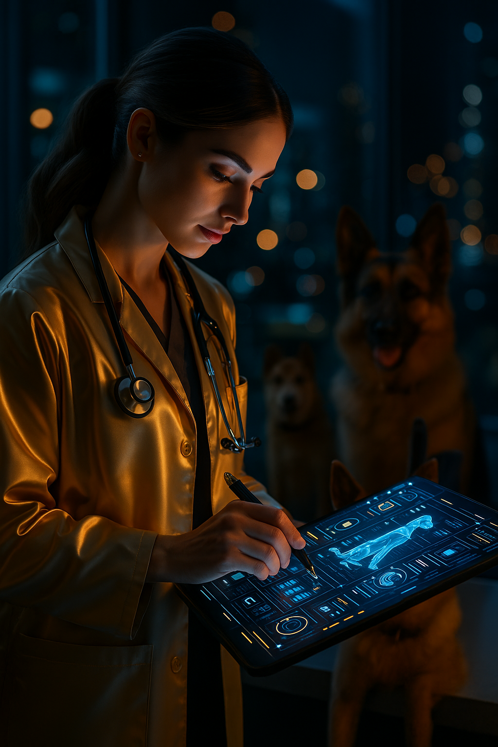 Une vétérinaire utilise une tablette high-tech pour consulter des données vétérinaires, illustrant l'intégration de l'intelligence artificielle et de l'automatisation dans le domaine des soins animaliers.