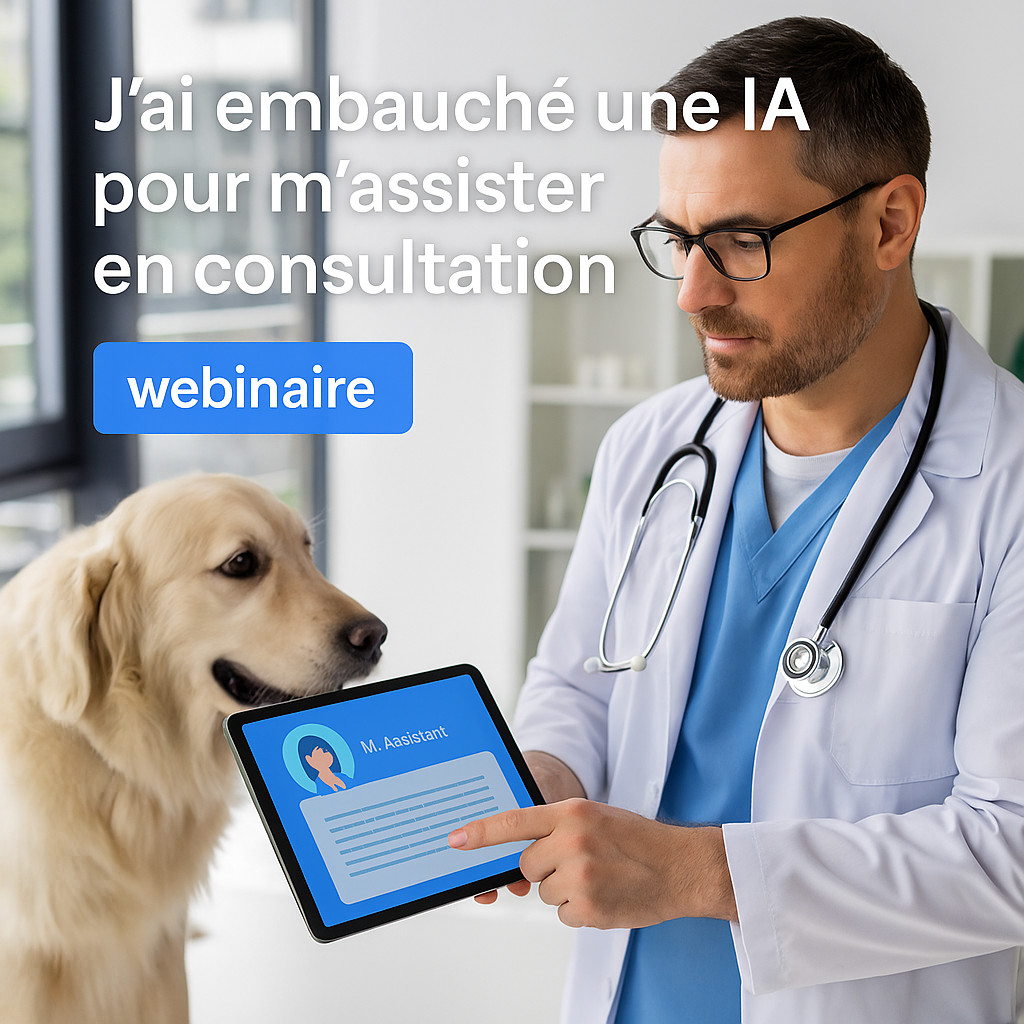 Dans cette image, un vétérinaire utilise une intelligence artificielle sur une tablette pour automatiser son assistance durant les consultations avec les animaux de compagnie.