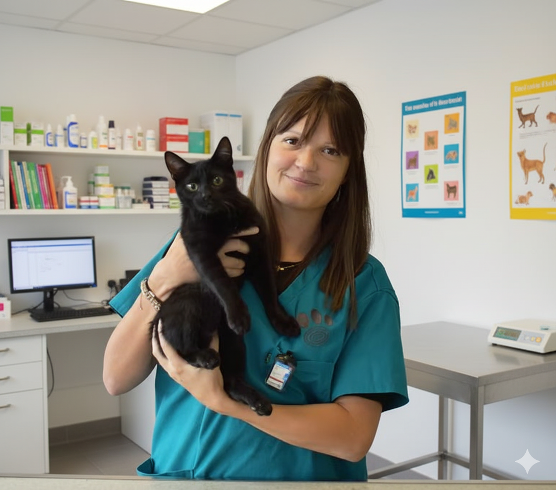 Dans un cabinet vétérinaire moderne, une professionnelle souriante tient un chat noir, illustrant comment l'intelligence artificielle et l'automatisation transforment les soins animaliers.