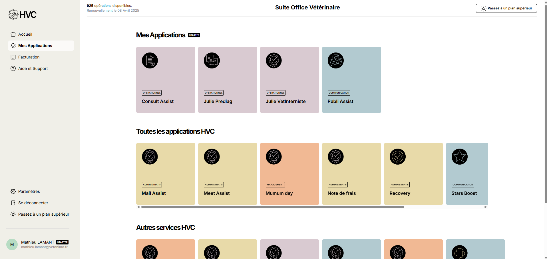 Cette image présente une interface de gestion d'applications utilisant l'intelligence artificielle pour automatiser les tâches administratives dans le domaine vétérinaire, facilitant ainsi le travail des vétérinaires.