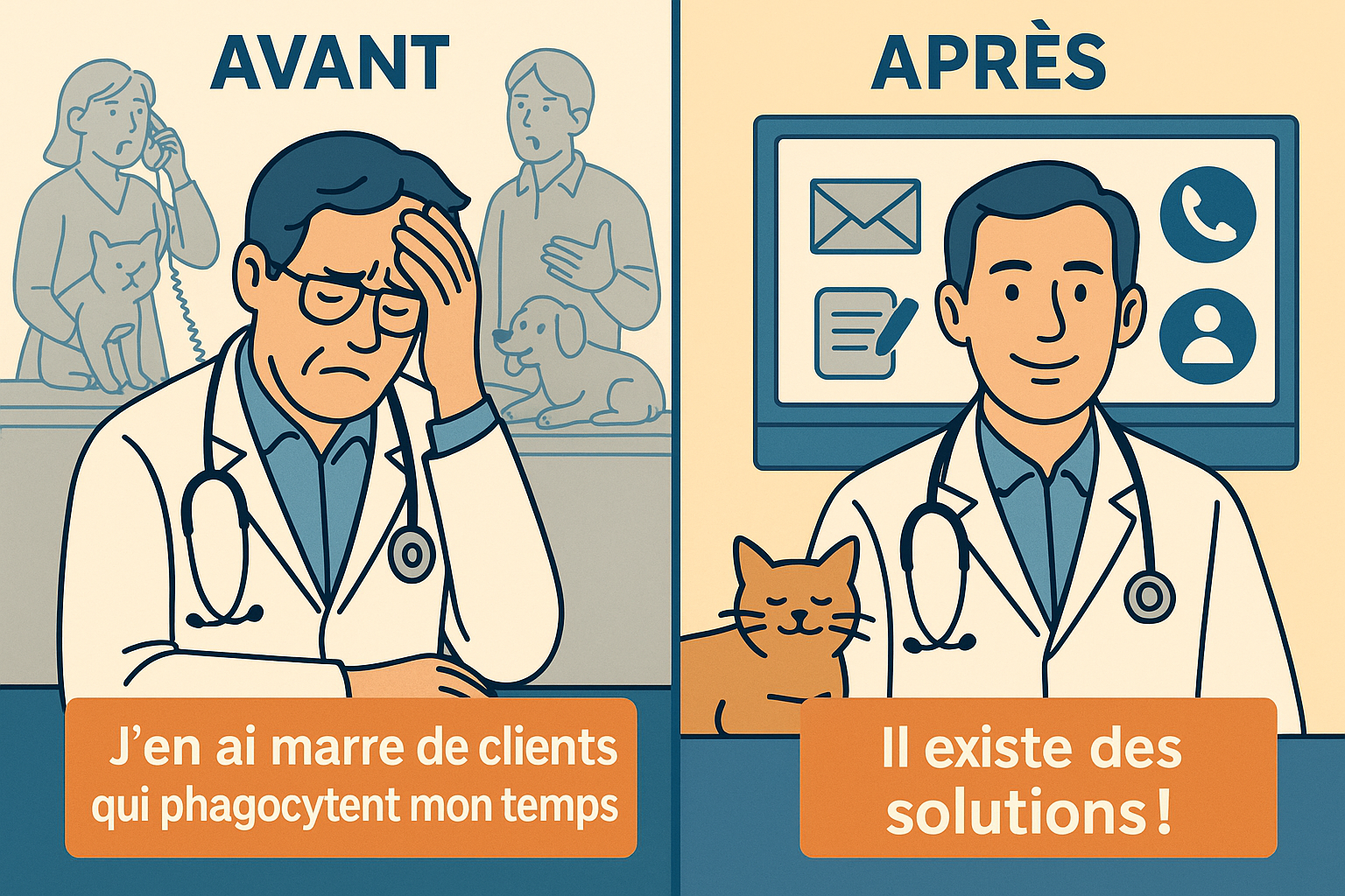 L'image illustre l'évolution d'un vétérinaire confronté à des clients envahissants à une situation améliorée grâce à l'automatisation et à l'intelligence artificielle, mettant en avant des solutions efficaces pour gérer son temps.