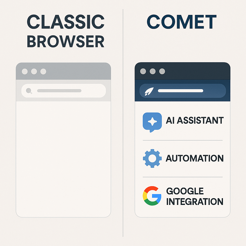 L'image compare un navigateur classique à Comet, mettant en avant les fonctionnalités d'assistant basé sur l'intelligence artificielle et d'automatisation, ce qui pourrait bénéficier aux vétérinaires pour une gestion plus efficace.