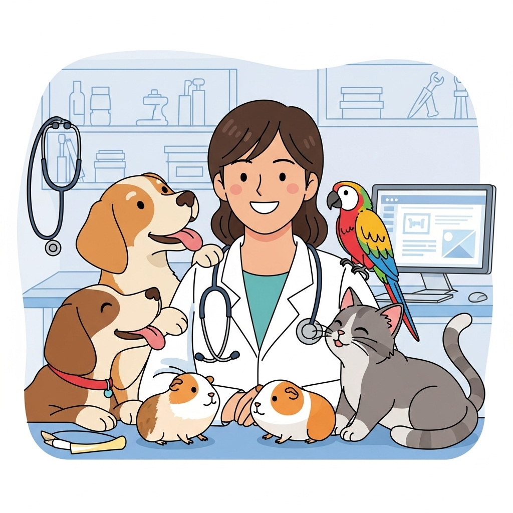 L'image montre un vétérinaire utilisant l'intelligence artificielle et l'automatisation pour soigner divers animaux, dont des chiens, un chat, des cobayes et un perroquet, tout en réalisant des examens dans un cabinet moderne.