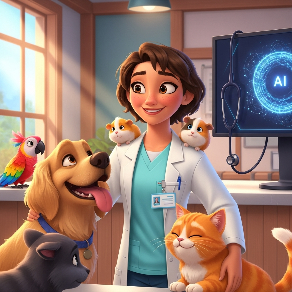 L'image représente une vétérinaire utilisant l'intelligence artificielle pour l'automatisation des soins animaliers, entourée de divers animaux de compagnie qui semblent heureux et en bonne santé.