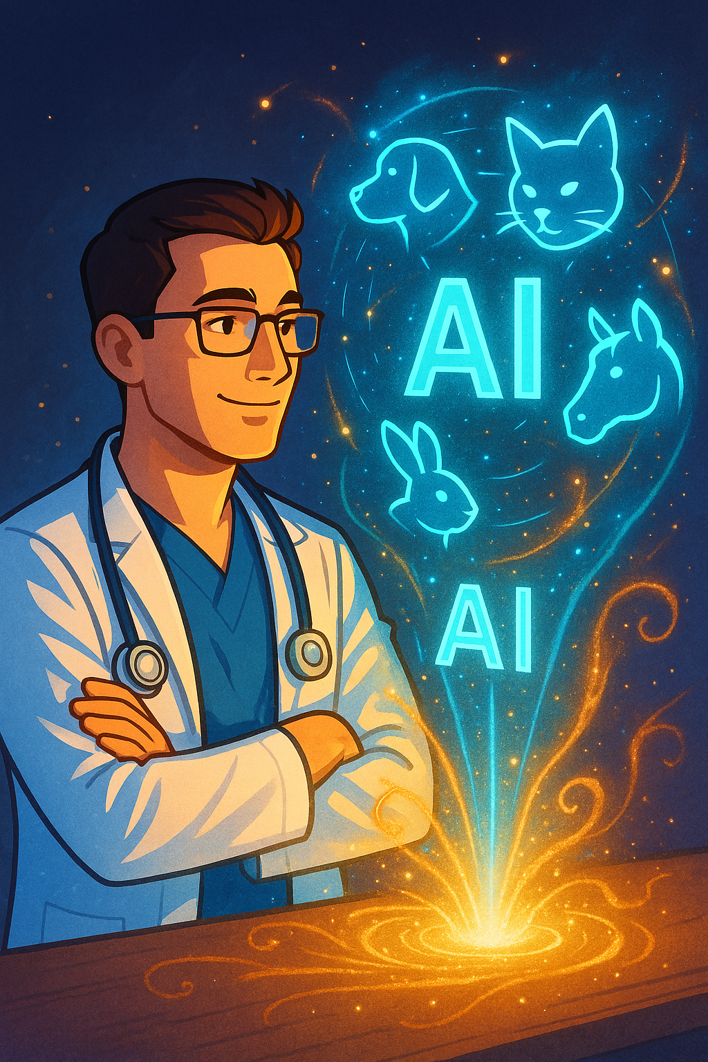 L'image montre un vétérinaire souriant utilisant l'intelligence artificielle pour promouvoir l'automatisation dans le soin des animaux, entouré de symboles d'animaux qui évoquent son expertise.