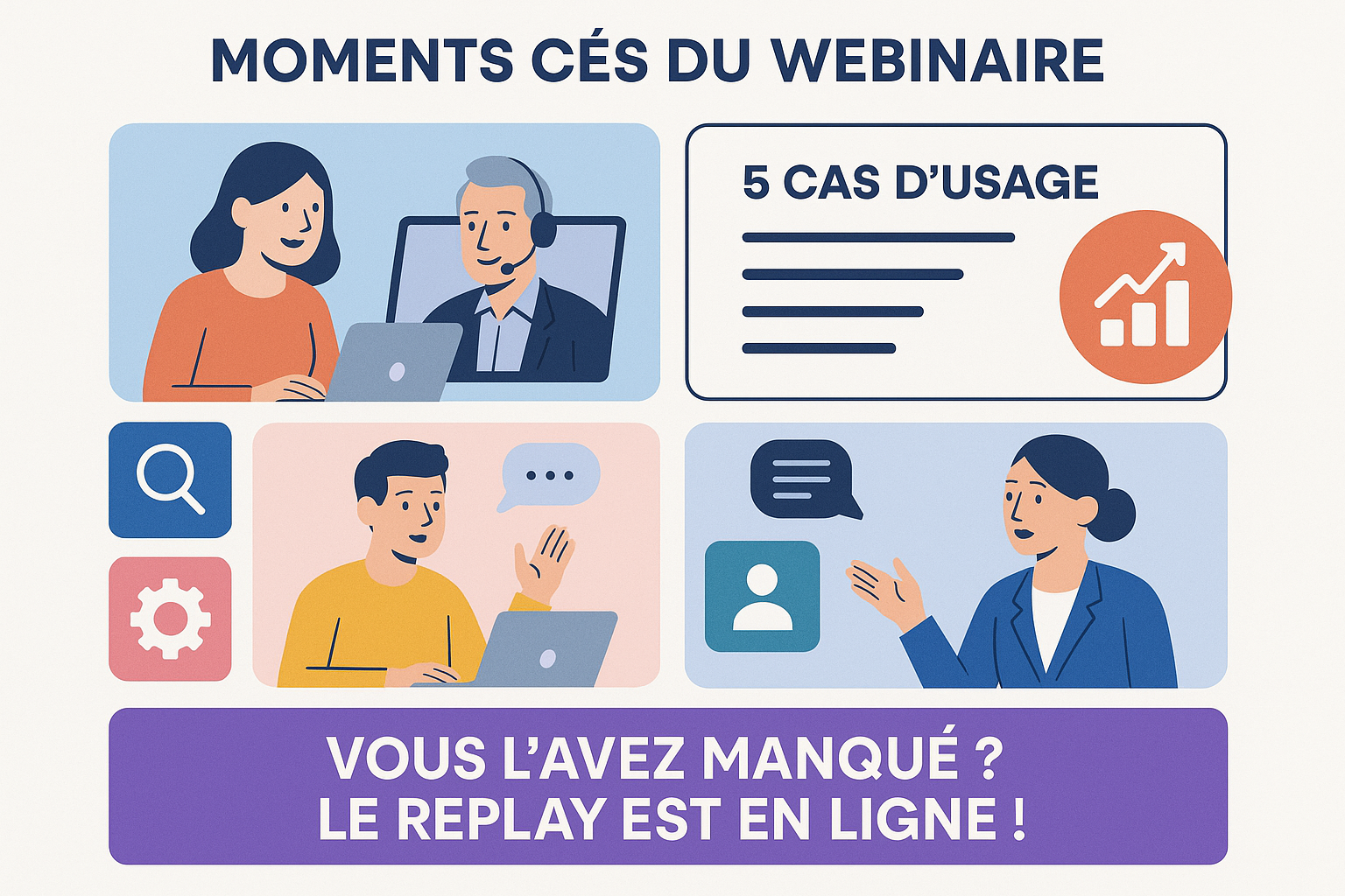 Cette image présente des moments clés d'un webinaire sur l'automatisation et l'intelligence artificielle appliquées dans le domaine vétérinaire, invitant les participants à visionner le replay.